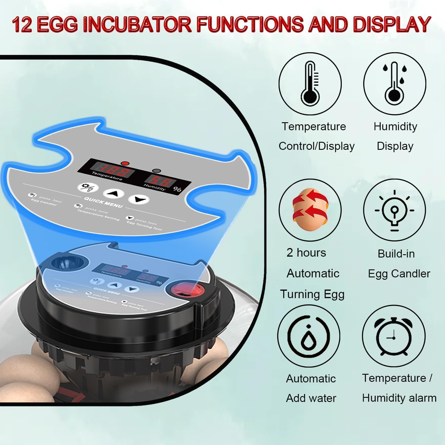 Automatic 12 Egg Incubator - Auto Water System, Humidity Control & Egg Candler - Image 4